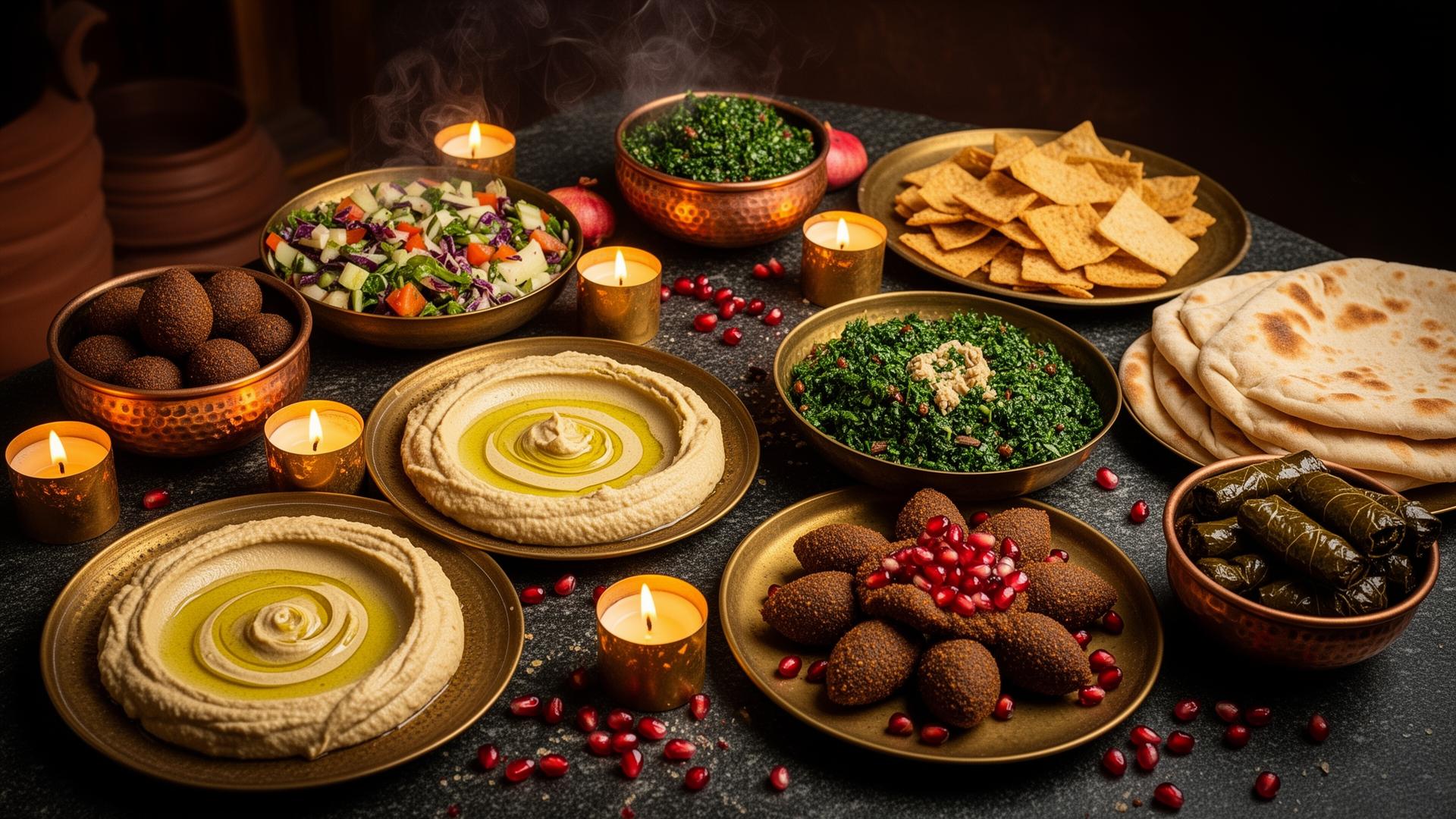 Mezzé libanais raffiné servi sur une table en pierre